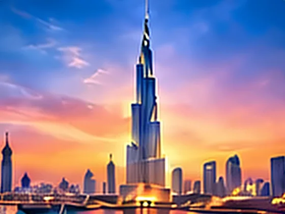Dubai skyline with the Burj Khalifa at sunset