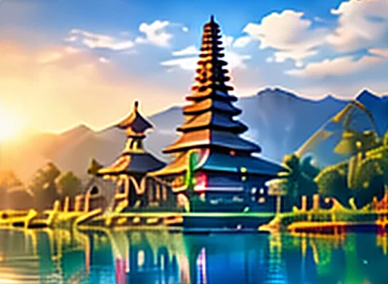 Balinese temple by a lake in Southeast Asia