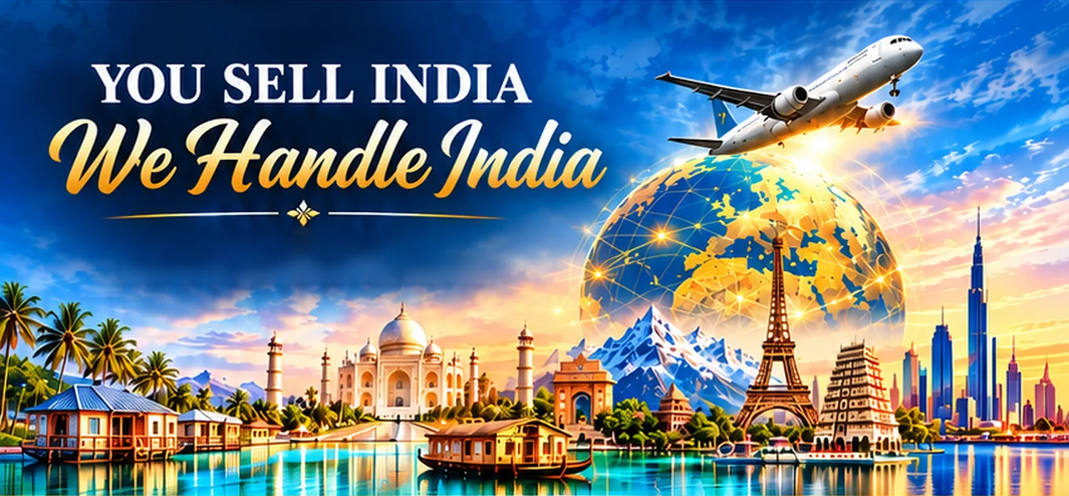Landmarks of India and the world — the Taj Mahal, Eiffel Tower, Dubai skyline and Kerala backwaters — with an airplane circling a golden globe