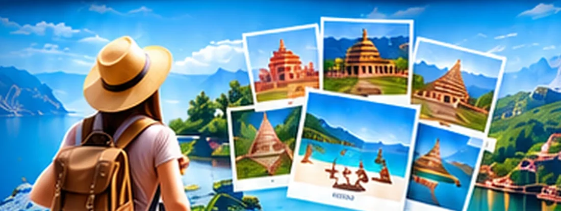 A traveller looking over mountains, with polaroid photographs of temples and beaches